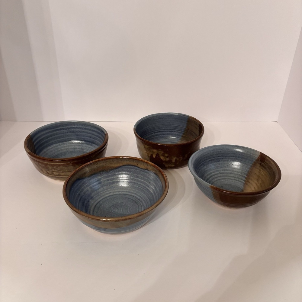 Set of 4 Signed Studio Pottery Bowls Blue Brown Glaze Handmade Stoneware